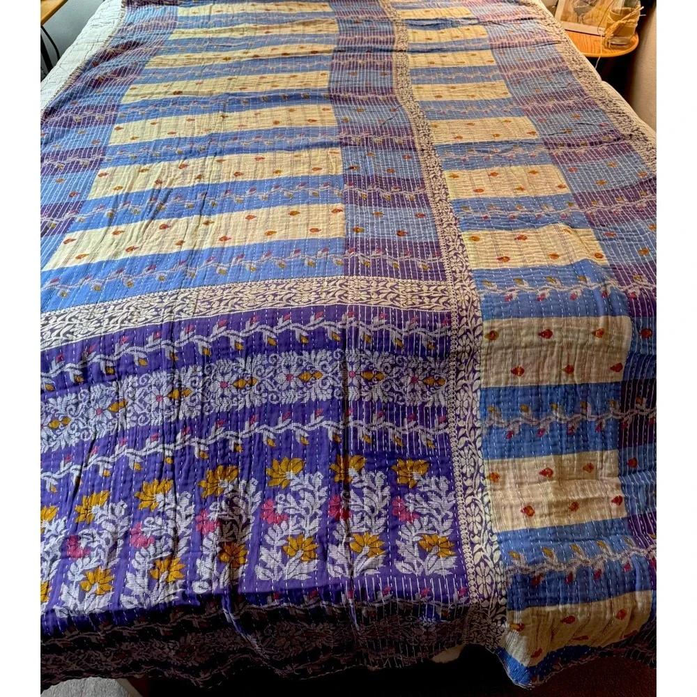 Kantha Quilt Twin Handmade Reversible Indian Cotton Bedspread Throw 86x54 Boho